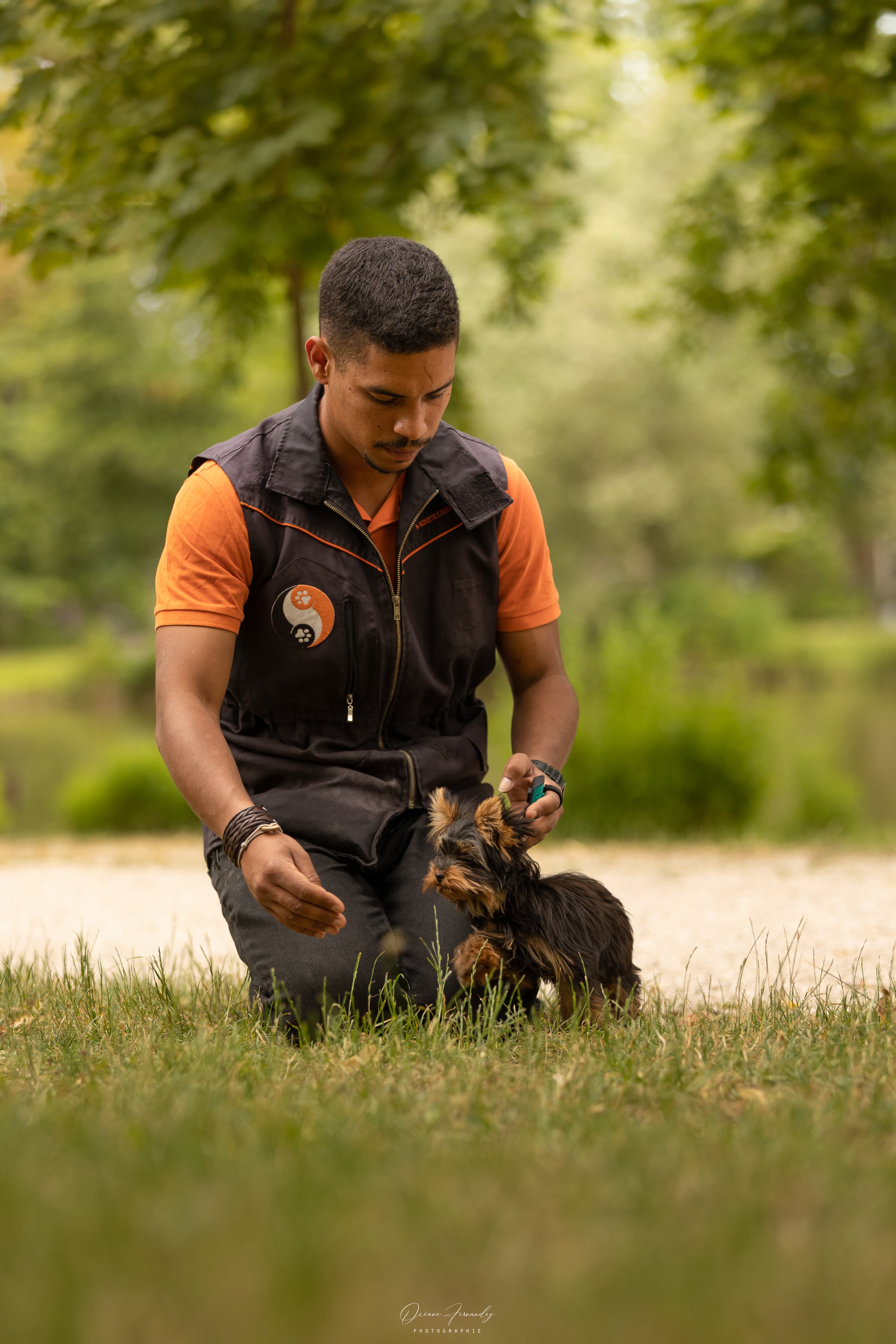 Romain accroupi feuilles automne avec malinois