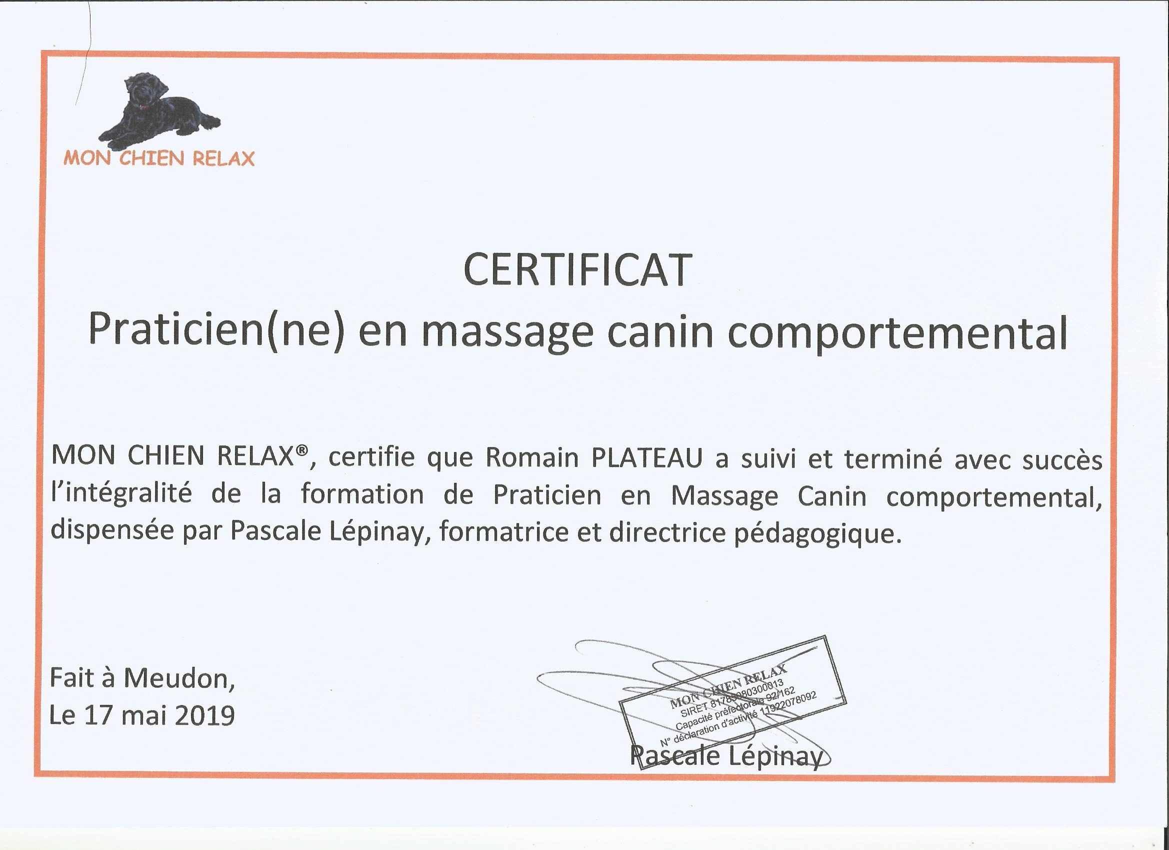 Certificat Praticien Massage Canin Comportemental