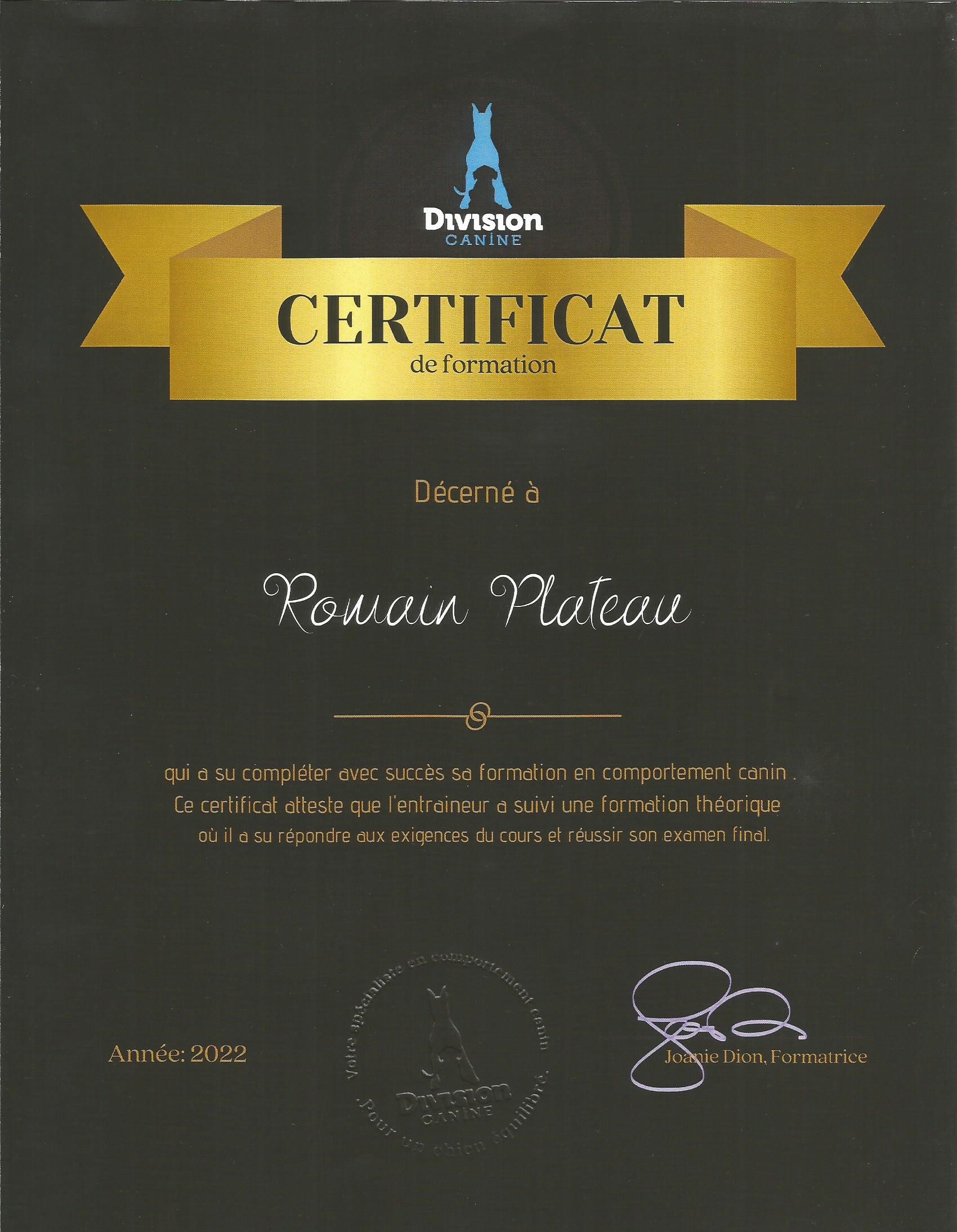 Certificat de Formation Division Canine